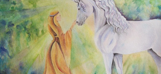 Maiden and Unicorn 11x14 watercolor