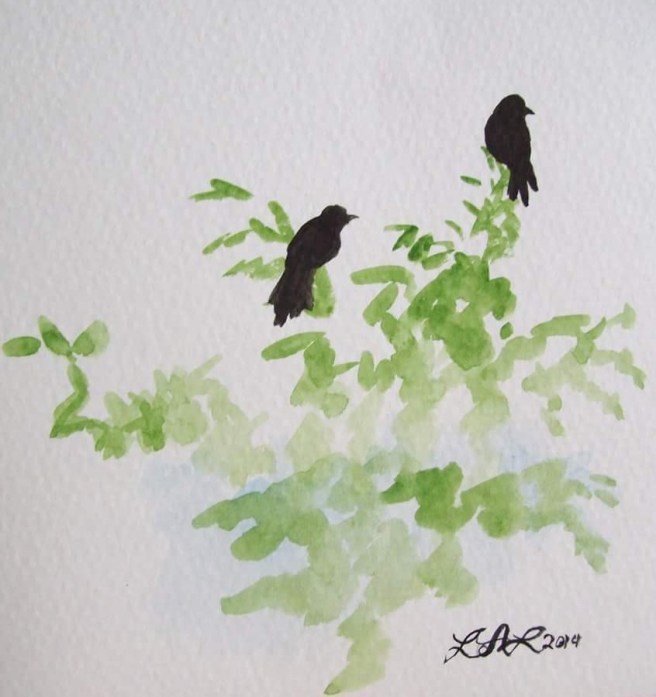 Two Crows In Tree original watercolor painting by Laurel Anne Equine Art